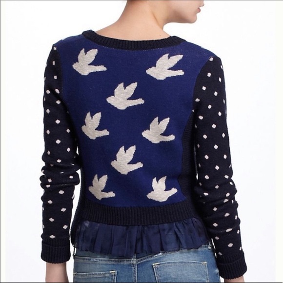 Anthropologie Leifnotes Blue Ruffled Flight Bird Button Front Sweater Cardigan - Picture 2 of 8